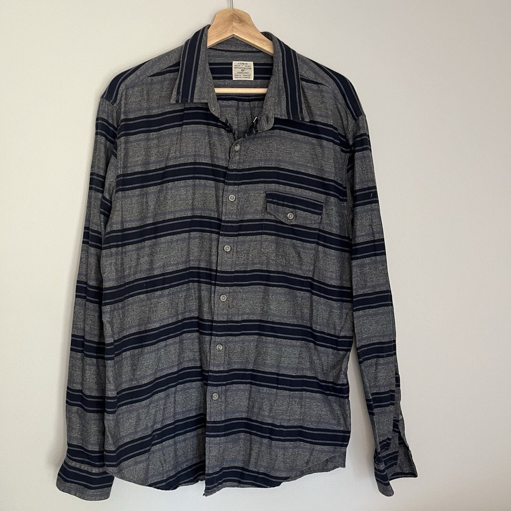 J. Crew Work Shirt Mens Large Stripped Gray Navy Long Sleeve Cotton Button Down